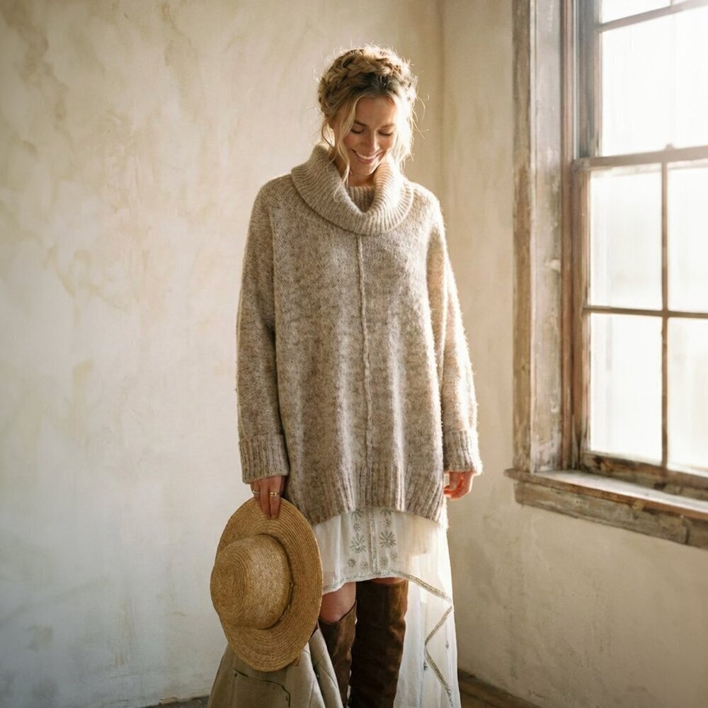 KAISLEY Scandi Neutral Heathered Cowl Turtleneck Boho Oversized Sweater Sz S